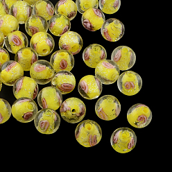 Желтый Ручной светящихся внутренний цветок Lampwork бисер, круглые, желтые, 9~10 мм, отверстие : 1~2 мм