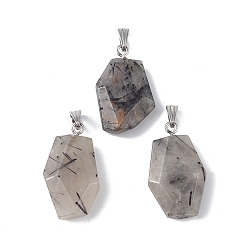 Rutilated Quartz Natural Black Rutilated Quartz Pendants, Faceted Polygon Charms, with Stainless Steel Color Plated 201 Stainless Steel Snap on Bails, 21~29x16~23x6~8mm, Hole: 2x7mm