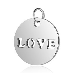 Stainless Steel Color 304 Stainless Steel Charms, Flat Round with Word LOVE, Stainless Steel Color, 12x1mm, Hole: 2.5mm