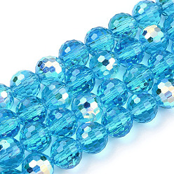 Deep Sky Blue Transparent Electroplate Glass Bead Strands, AB Color Plated, Faceted(96 Facets), Round, Deep Sky Blue, 8mm, Hole: 1.4mm, about 70pcs/strand, 19.88 inch~20.67 inch(50.5~52.5cm)
