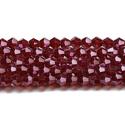 Rojo Oscuro Transparentes cuentas de vidrio electroplate hebras, lustre de la perla chapado, facetados, bicono, de color rojo oscuro, 3x2.5 mm, agujero: 0.7 mm, sobre 162~185 unidades / cadena, 12.76~14.61 pulgada (32.4~37.1 cm)