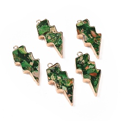 Dark Green Dyed Natural Imperial Jasper Pendants, Lightning Bolt Charms, with Golden Tone Brass Findings, Dark Green, 39.5x16.5x4mm, Hole: 1.8mm