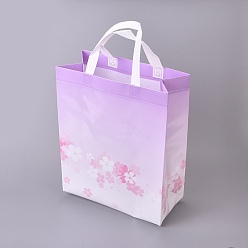 Lila Impresión laminada brillante bolsas ecológicas reutilizables, bolsas de compras de tela no tejida, manejar color aleatorio, lila, 26.75x12.55x32.9 cm
