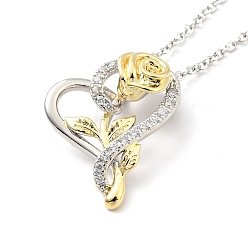 Platinum & Golden Clear Cubic Zirconia Heart with Rose Pendant Necklace, Two Tone Brass Jewelry for Women, Platinum & Golden, Pedants: 23x17x8mm, 15.94 inch(40.5cm)
