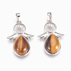 Tiger Eye Natural Tiger Eye Pendants, with Brass Findings, Angel, Platinum, 37x24.5x8mm, Hole: 8x5mm