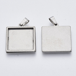 Stainless Steel Color 304 Stainless Steel Cabochon Connector Settings, Plain Edge Bezel Cups, Square, Stainless Steel Color, Tray: 20x20mm, 26x23x2.2mm, Hole: 3x6mm