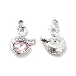 Pink Alloy Glass Pendants, Crystal Rhinestone Swan Charm, Platinum, Pink, 23x15x5mm, Hole: 2mm