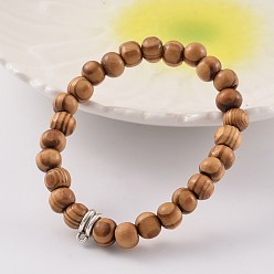 Bois Solide Bois rond bracelets en perles extensibles, avec des bélières en alliage de style tibétain, argent antique, burlywood, 54mm