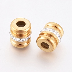 Golden 304 Stainless Steel European Beads, with Polymer Clay Rhinestone, Column, Golden, 14x12.5mm, Hole: 5mm