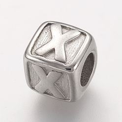 Letter X 304 Stainless Steel European Beads, Horizontal Hole, Large Hole Beads, Cube with Letter.X, 8x8x8mm, Hole: 4mm