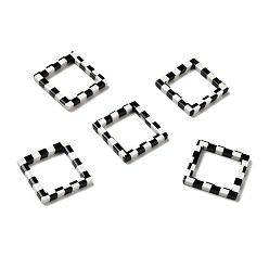 Black Acrylic Linking Rings, Rhombus with Tartan Pattern, Black & White, 20x20x2.5mm, Inner Diameter: 15x15mm