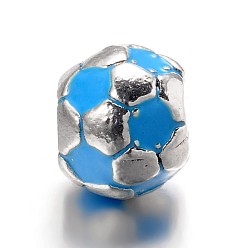 Bleu Ciel Foncé Grand trou de football / ballon de football en alliage émail perles européennes, argent antique, bleu profond du ciel, 9x8mm, Trou: 4.2mm