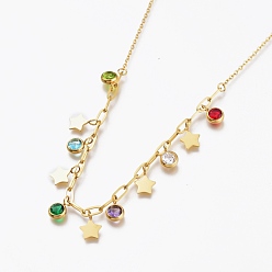 Golden 304 Stainless Steel Pendant Necklaces, with Rhinestone, Birthstone Charms and Paperclip Chains, Star, Colorful, Golden, 18-1/8 inch(46cm)