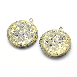 Brushed Antique Bronze Brass Locket Pendants, Photo Frame Charms for Necklaces, Cadmium Free & Nickel Free & Lead Free, Flat Round with Flower, Brushed Antique Bronze, 31x27x5.5mm, Hole: 2mm, Inner Size: 20mm