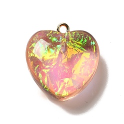 Pink Transparent Resin Pendants, Heart Charms, with Gold Foil and Golden Tone Iron Loops, Pink, 23.5~24x22x11~12mm, Hole: 2mm