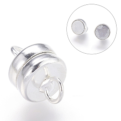 Silver Brass Magnetic Clasps with Loops, Flat Round, Silver Color Plated, 11x7mm, Hole: 2mm