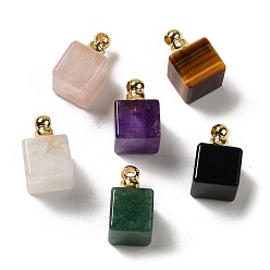 Mixed Stone Natural Mixed Gemstone Perfume Bottle Pendants, Square Charms with Golden Plated 304 Stainless Steel Findings, 19x12x12mm, Hole: 2mm