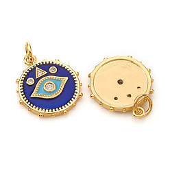 Real 18K Gold Plated Brass Micro Pave Cubic Zirconia Pendants, with Jump Rings and Enamel, Flat Round with Evil Eye, Blue, Real 18K Gold Plated, 18.5x16x2mm, Jump Ring: 5x0.8mm, Hole: 3.5mm