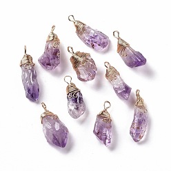 Amethyst Natural Raw Amethyst Pendants, Copper Wire Wrapped Druzy Amethyst Nuggets Charms, 39~48.5x17~19.5x8.5~21mm, Hole: 5~6x4~5mm