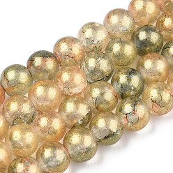 Caqui Oscuro Hornear pintado hebras de perlas de vidrio craquelado, con polvo de oro, rondo, caqui oscuro, 6 mm, agujero: 1.2 mm, sobre 147 unidades / cadena, 31.10 pulgada (79 cm)