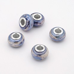 Bleu Bleuet Rondelle main porcelaine grand trou perles européennes, avec platine plaqué doubles noyaux de cuivre, bleuet, 15x10mm, Trou: 5mm