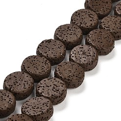 Coconut Brown Natural Lava Rock Beads Strands, Flat Round, Dyed, Coconut Brown, 14~14.5x6mm, Hole: 1.6mm, about 28pcs/strand, 15.75 inch(40cm)