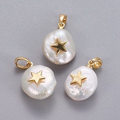 Golden Natural Cultured Freshwater Pearl Pendants, with Brass Findings, Nuggets with Star, Long-Lasting Plated, Golden, 17~27x12~16x6~12mm, Hole: 4x2.5mm