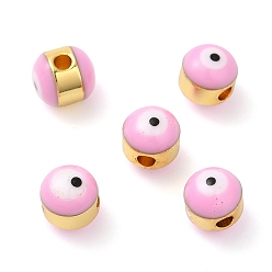 Pink Perlas de esmalte de bronce, sin plomo y cadmio, larga duración plateado, dorado, rondelle con mal de ojo, rosa, 6x7 mm, agujero: 1.8 mm