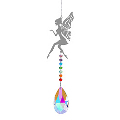 Colorful Metal Big Pendant Decorations, Hanging Sun Catchers, Chakra Theme K9 Crystal Glass, Fairy, Colorful, 42cm