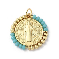 Deep Sky Blue Rack Plating Real 18K Gold Plated Brass Saint Benedict Pendants, with Glass Beaded, Cadmium Free & Lead Free, Long-Lasting Plated, Deep Sky Blue, 25.5x3mm, Hole: 4.3mm