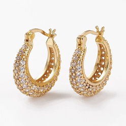Golden Brass Micro Pave Clear Cubic Zirconia Hoop Earrings, Long-Lasting Plated, Crescent Moon, Golden, 22x19.5x6mm, Pin: 1mm