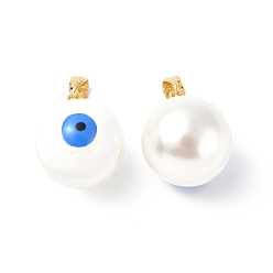White Shell Enamel Pendants, with Real 18K Gold Plated Brass Findings, Long-Lasting Plated, Round with Evil Eye Charm, White, 20x16x17mm, Hole: 3.5x4.5mm