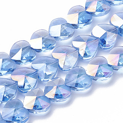 Bleu Bleuet Perles en verre electroplate, de couleur plaquée ab , facette, cœur, bleuet, 14x14x8.5mm, Trou: 1mm