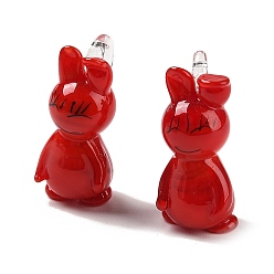 Red Handmade Lampwork Pendants, Rabbit Charms, Red, 26~27x11~13mm, Hole: 3~4mm
