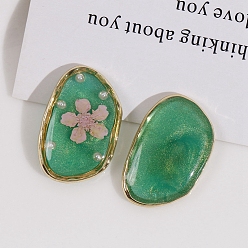 Sea Green Transparent Epoxy Reisn Alloy Nuggets Cabochons, Golden, with Inner Flower, Sea Green, 24x16mm
