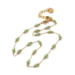 Green Glass Round Beaded Link Chain Necklace, Golden 304 Stainless Steel Jewelry for Women, Green, 9.84 inch(25cm), Extension Chain: 4.5cm