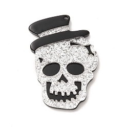 Silver Halloween Acrylic Pendants,  with Sequins, Skull with Hat Charm, Silver, 45x30x4mm, Hole: 2mm