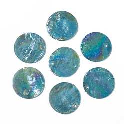 Dark Turquoise AB Color Plated Capiz Shell Pendants, Dyed, Flat Round, Dark Turquoise, 24~25x1~2mm, Hole: 1.5mm