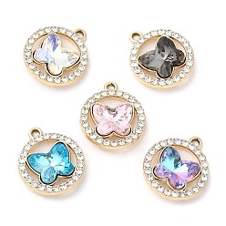 Golden UV Plating Alloy Pendants, with Crystal Rhinestone and Glass, Cadmium Free & Lead Free, Flat Round with Butterfly Charms, Golden, 19.5x16.5x6.5mm, Hole: 1.6mm