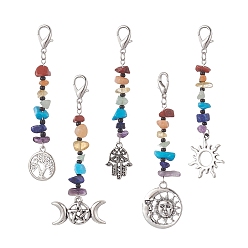 Mixed Shapes Porte-clés pierres précieuses et perles de verre, alliage soleil/hamsa main/breloques arbre de vie, breloque fermoir mousqueton, formes mixtes, 80~92mm