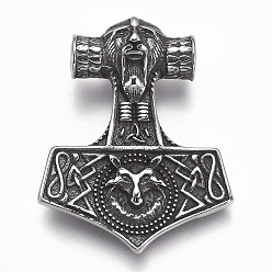 Antique Silver 304 Stainless Steel Pendants, Thor's Hammer, Antique Silver, 39x31.5x11.5mm, Hole: 5mm