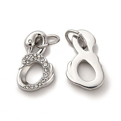 Crystal 304 Stainless Steel Pendants, with Rhinestone and Jump Rings, Swan, Stainless Steel Color, Crystal, 19.5x11.5x3mm, Hole: 6x3mm
