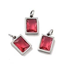 Crimson 304 Stainless Steel Pendants, with Cubic Zirconia and Jump Rings, Single Stone Charms, Rectangle, Stainless Steel Color, Crimson, 11.5x8x3.5mm, Hole: 3.6mm