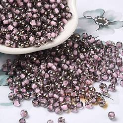 Perlas de Color Rosa Cuentas de vidrio de colores interiores transparentes, medio chapado, agujero redondo, rondo, rosa perla, 4x3 mm, agujero: 1.2 mm, 7650 unidades / libra