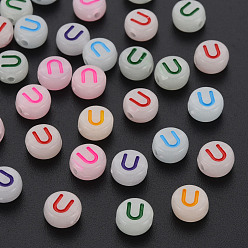 Letter U Acrylic Beads, Glow in the Dark, with Enamel and Luminous, Horizontal Hole, Flat Round with Alphabet, Letter.U, 6.5x7x4mm, Hole: 1.6mm, about 3600pcs/500g