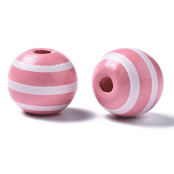 White Painted Natural Wood European Beads, Large Hole Beads, Printed, Round with Stripe, White, 16x15mm, Hole: 4mm