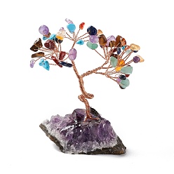 Mixed Stone Natural Gemstone Tree Display Decoration, Druzy Amethyst Base Feng Shui Ornament for Wealth, Luck, Rose Gold Brass Wires Wrapped, 45~52x69~75x93~107mm
