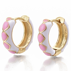 Pearl Pink Brass Huggie Hoop Earrings, with Two Tone Enamel, Real 18K Gold Plated, Rhombus Pattern, Pearl Pink, 15.5x16.5x5mm, Pin: 1x1mm