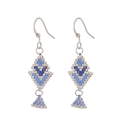 Bleu Boucles d'oreilles pendantes en perles de verre à motif de métier à tisser fait main losange, bijoux en laiton pour femmes, bleu, 49mm, pin: 0.7 mm