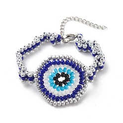 Stainless Steel Color Glass Seed Braided Evil Eye Link Bracelet for Women, Stainless Steel Color, 7-1/4 inch(18.5cm)